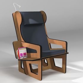 Fauteuil à oreilles sur-mesure avec étagère bibliothèque, présenté avec une liseuse en option