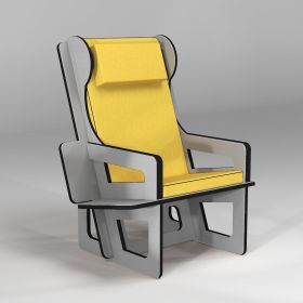 Bergère à oreilles gris clair, fabriquée sur-mesure, étagère bibliothèque en option, coussin jaune
