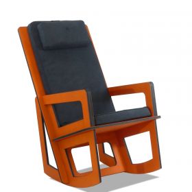 Fauteuil à bascule orange avec dossier haut. Fabrication sur mesure.
